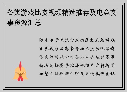 各类游戏比赛视频精选推荐及电竞赛事资源汇总